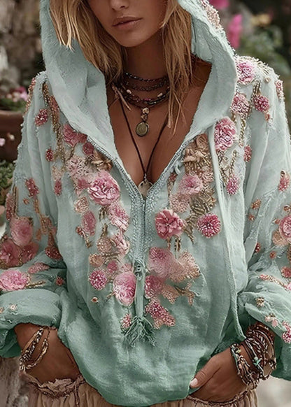 Bohemian Apricot Hooded Print Cotton Sweatshirt Spring