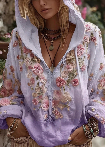 Bohemian Apricot Hooded Print Cotton Sweatshirt Spring