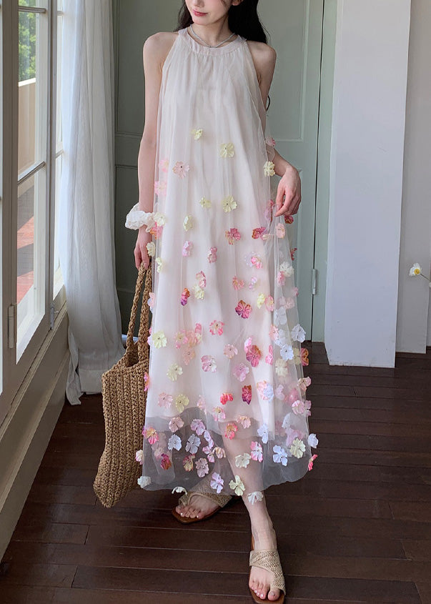 Bohemian Apricot Oversized Floral Decorated Tulle Holiday Dresses Sleeveless