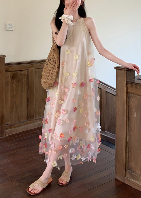 Bohemian Apricot Oversized Floral Decorated Tulle Holiday Dresses Sleeveless