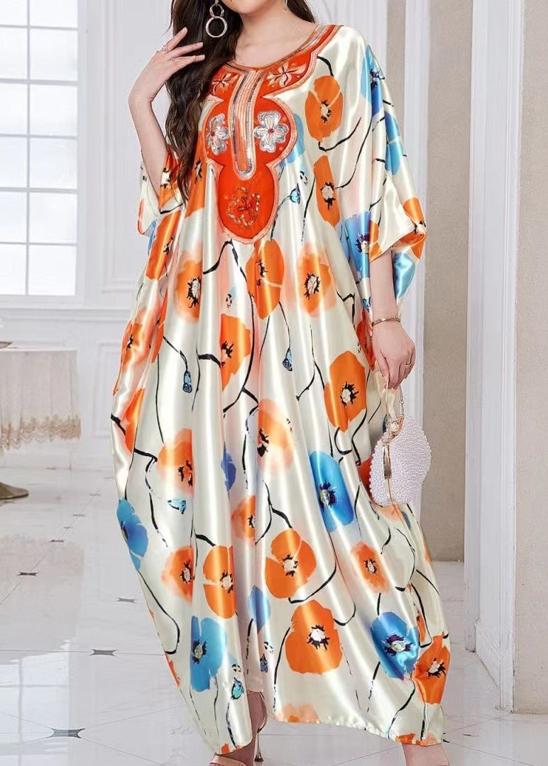 Bohemian Apricot Oversized Print Silk Holiday Dress Summer