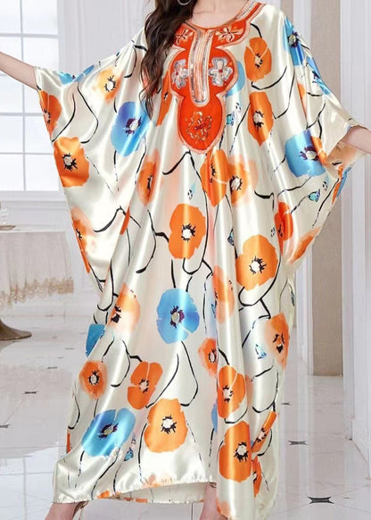 Bohemian Apricot Oversized Print Silk Holiday Dress Summer