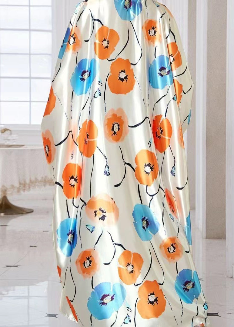 Bohemian Apricot Oversized Print Silk Holiday Dress Summer