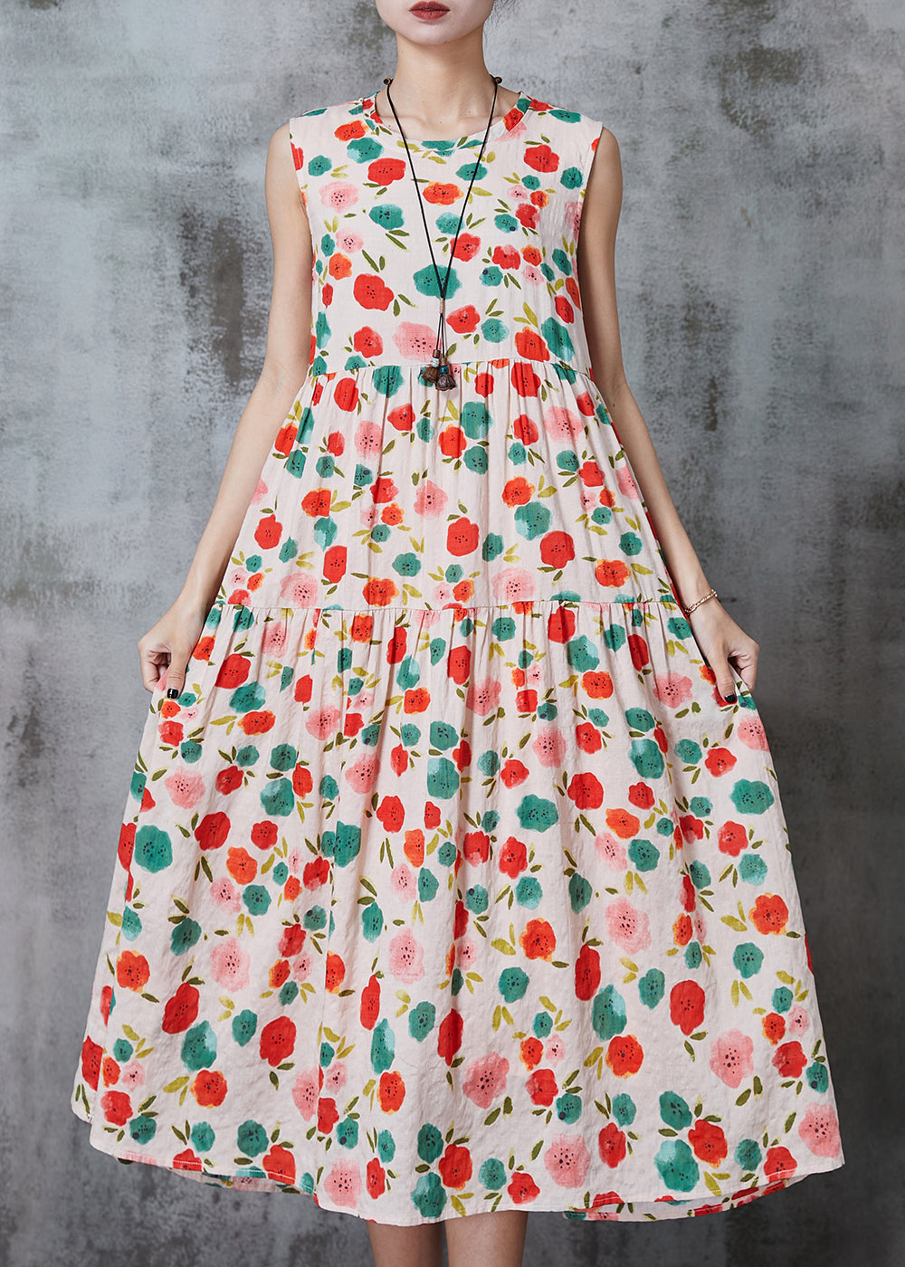 Bohemian Apricot Print Cotton Beach Dress Summer