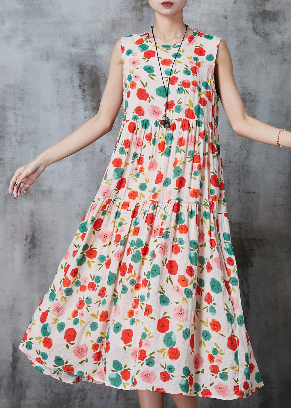 Bohemian Apricot Print Cotton Beach Dress Summer
