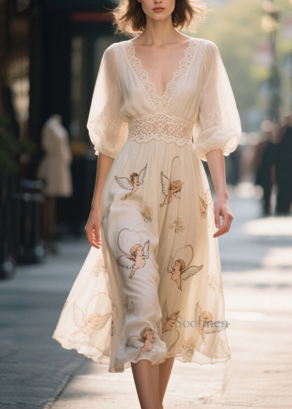 Bohemian Apricot Print Lace Patchwork Chiffon Dress Summer