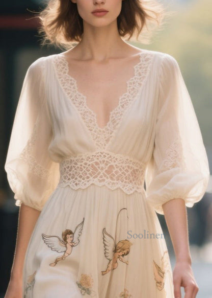 Bohemian Apricot Print Lace Patchwork Chiffon Dress Summer