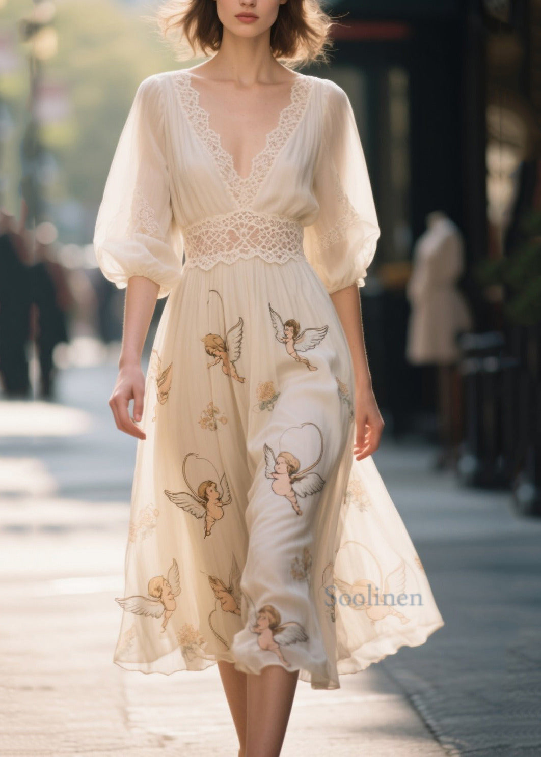 Bohemian Apricot Print Lace Patchwork Chiffon Dress Summer