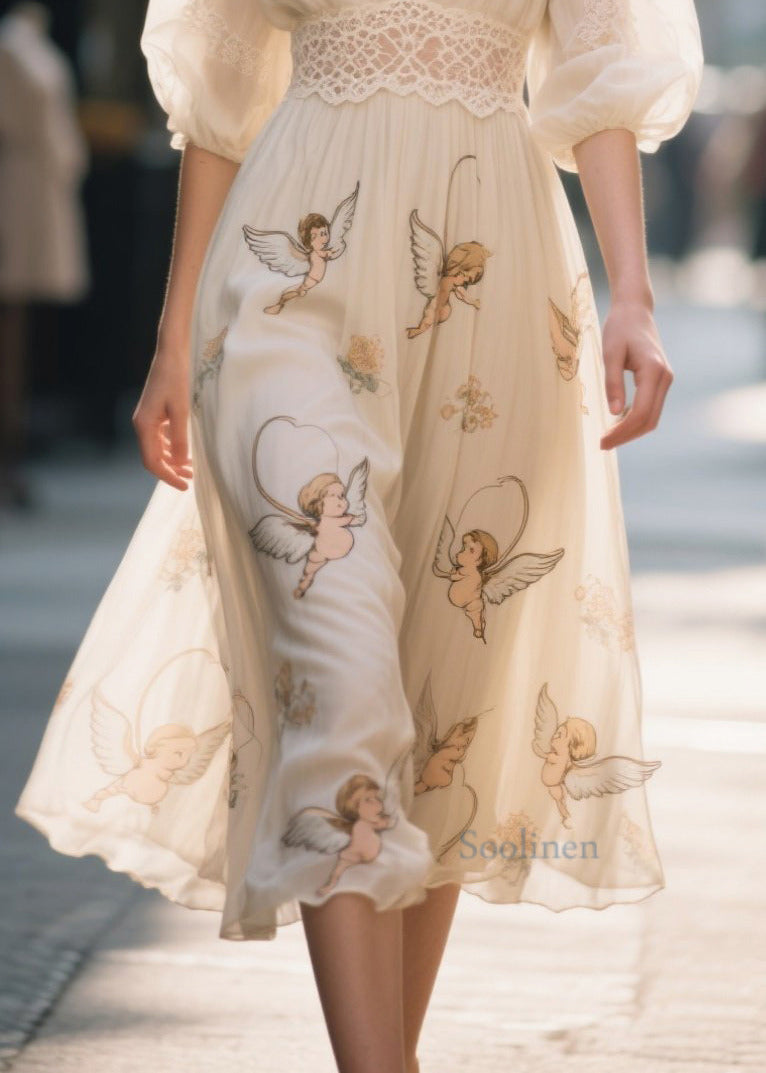 Bohemian Apricot Print Lace Patchwork Chiffon Dress Summer