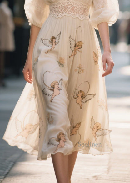 Bohemian Apricot Print Lace Patchwork Chiffon Dress Summer