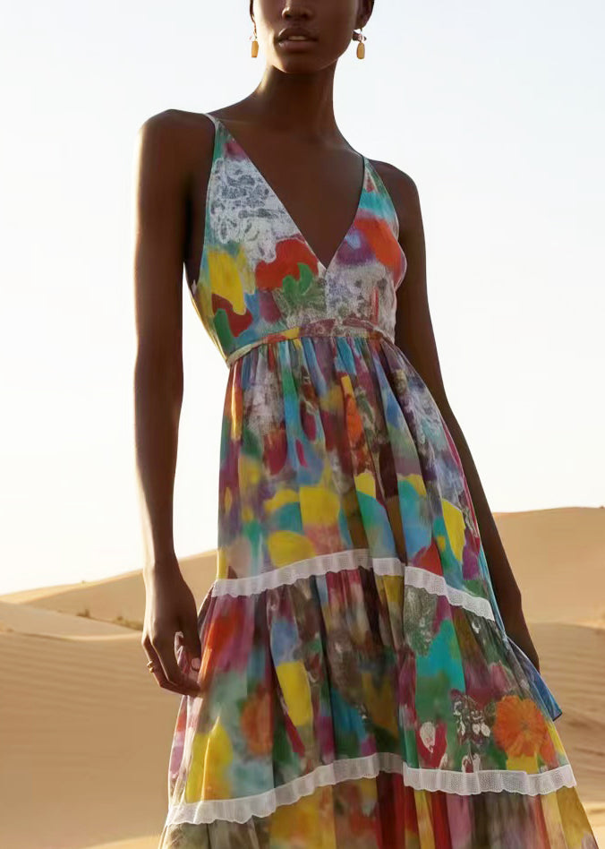 Bohemian Apricot Print Patchwork Lace Chiffon Sundress Summer