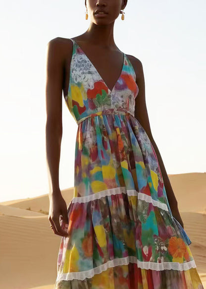 Bohemian Apricot Print Patchwork Lace Chiffon Sundress Summer