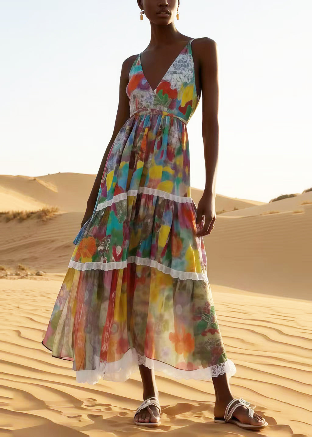 Bohemian Apricot Print Patchwork Lace Chiffon Sundress Summer