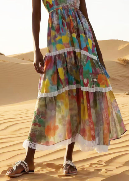 Bohemian Apricot Print Patchwork Lace Chiffon Sundress Summer