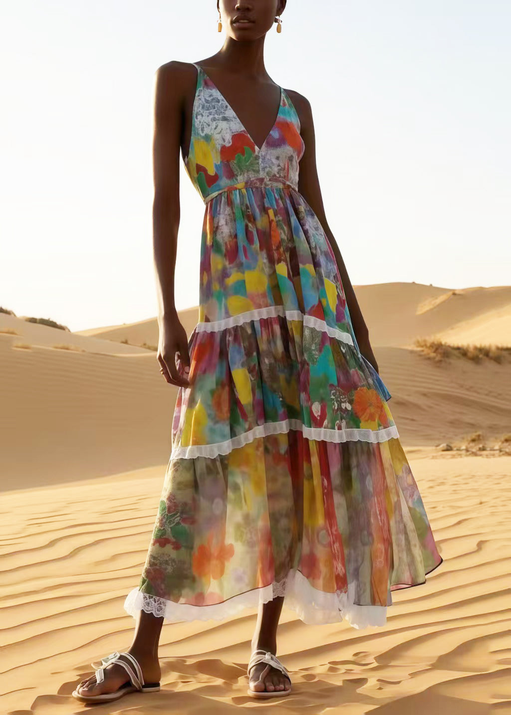 Bohemian Apricot Print Patchwork Lace Chiffon Sundress Summer