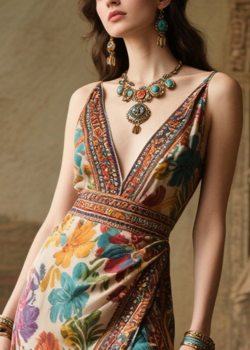 Bohemian Apricot Print Side Open Chiffon Sundress Summer