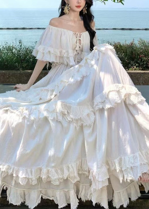 Bohemian Apricot Slash Neck Ruffled Cotton Exra Large Hem Dress Summer