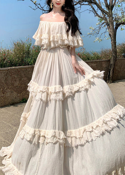 Bohemian Apricot Slash Neck Ruffled Cotton Exra Large Hem Dress Summer