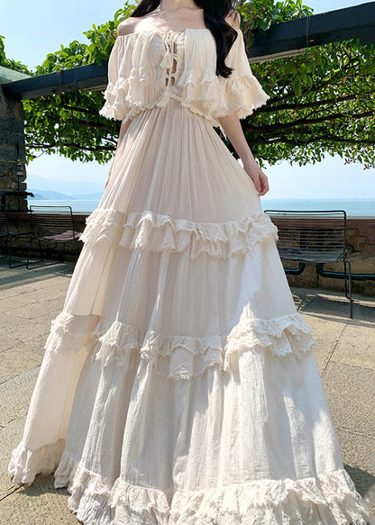 Bohemian Apricot Slash Neck Ruffled Cotton Exra Large Hem Dress Summer