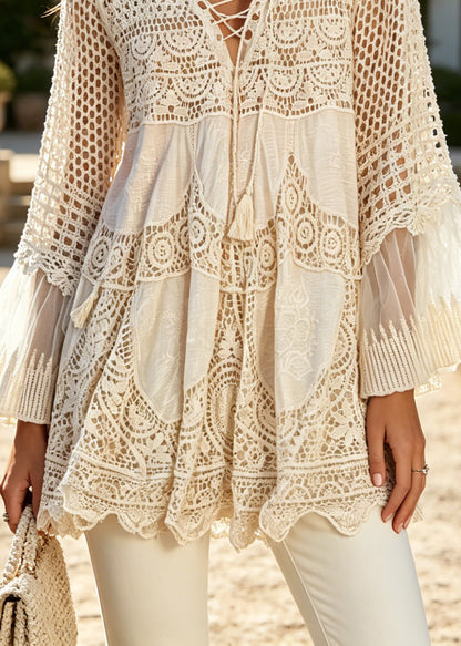 Bohemian Apricot V Neck Hollow Out Knit Top Flare Sleeve
