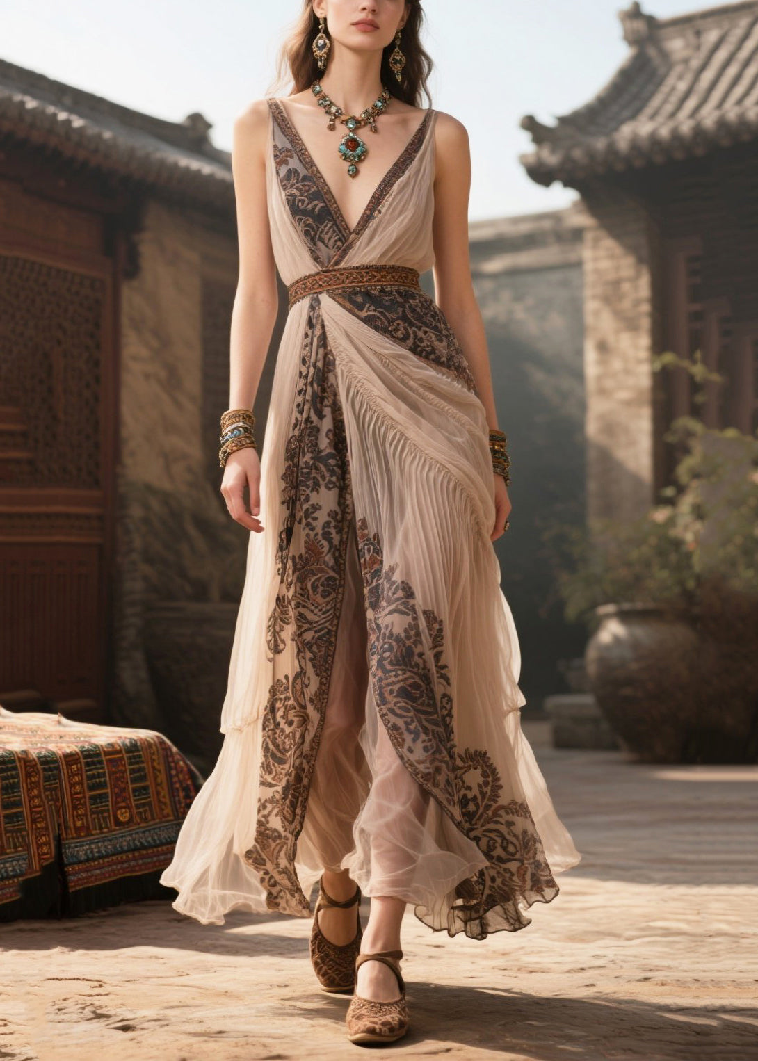 Bohemian Apricot V Neck Print Chiffon Cami Dress Summer