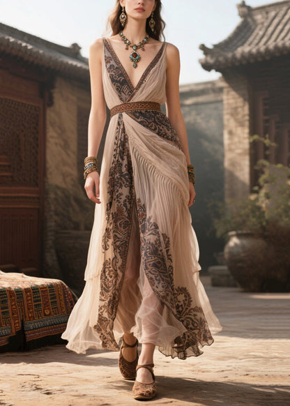 Bohemian Apricot V Neck Print Chiffon Cami Dress Summer