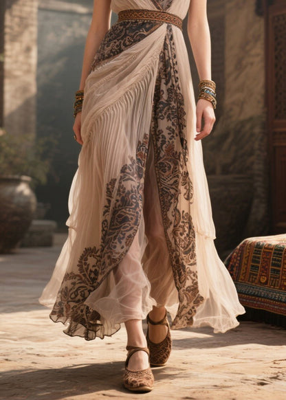 Bohemian Apricot V Neck Print Chiffon Cami Dress Summer