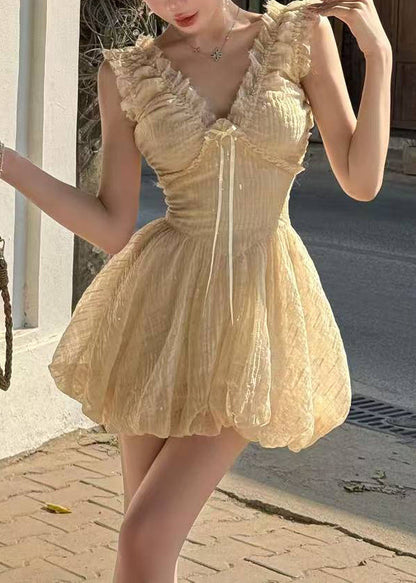 Bohemian Apricot V Neck Ruffled High Waist Tulle Mini Dress Sleeveless