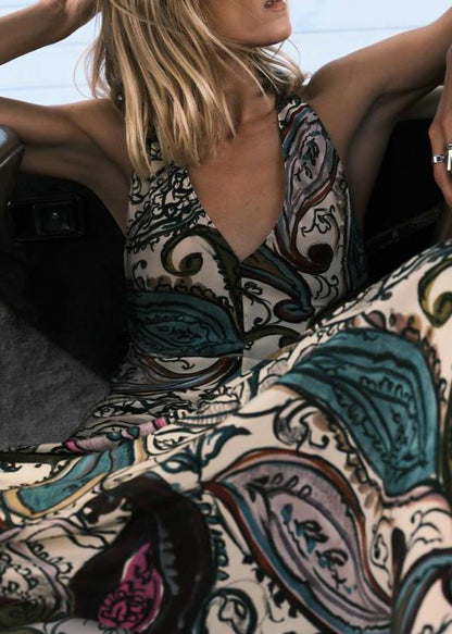 Bohemian Backless Print Lace Up Cotton Maxi Dress Sleeveless