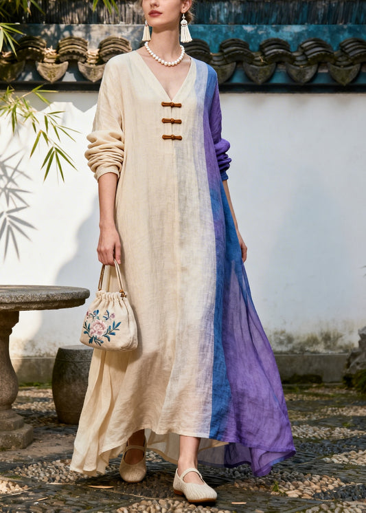 Bohemian Beige Asymmetrical Patchwork Chinese Button Cotton Dress Summer