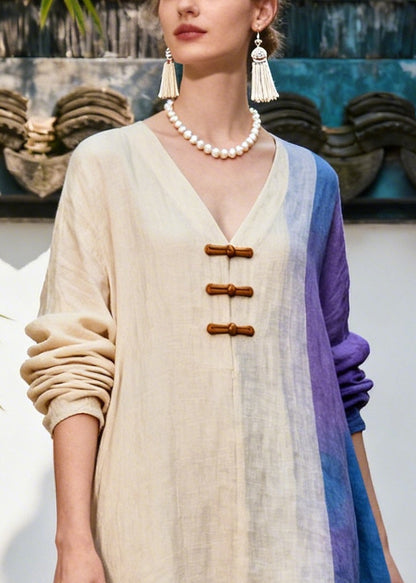 Bohemian Beige Asymmetrical Patchwork Chinese Button Cotton Dress Summer