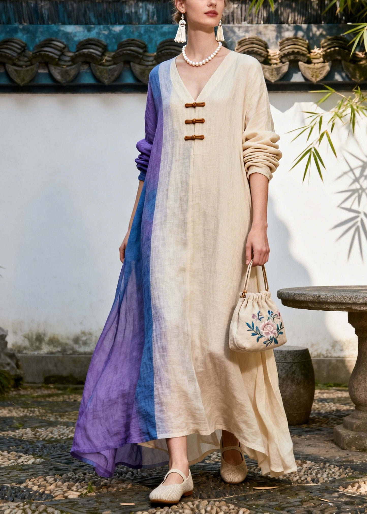 Bohemian Beige Asymmetrical Patchwork Chinese Button Cotton Dress Summer