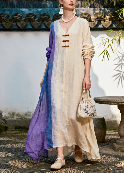 Bohemian Beige Asymmetrical Patchwork Chinese Button Cotton Dress Summer