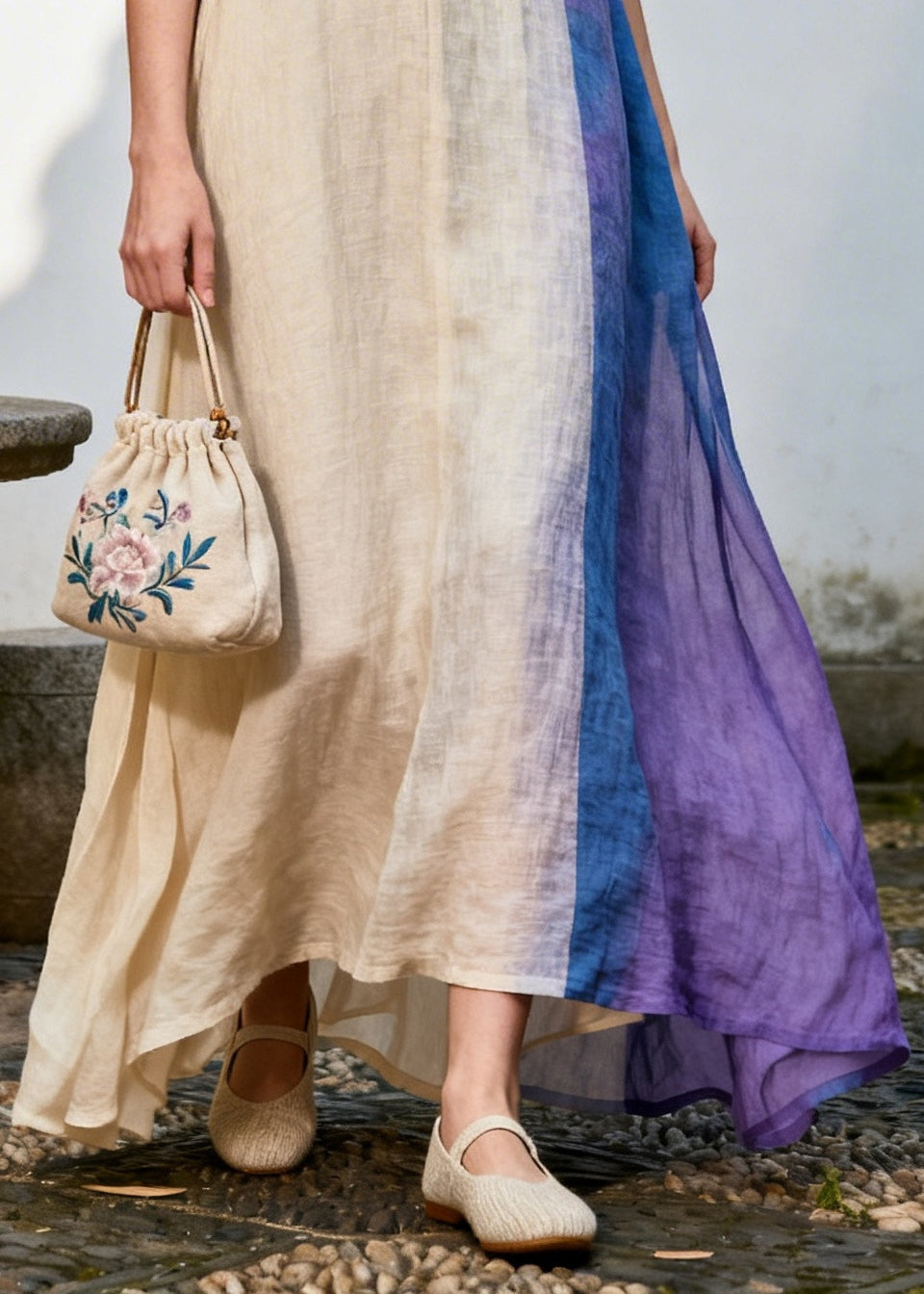 Bohemian Beige Asymmetrical Patchwork Chinese Button Cotton Dress Summer
