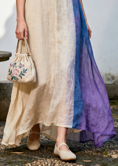 Bohemian Beige Asymmetrical Patchwork Chinese Button Cotton Dress Summer