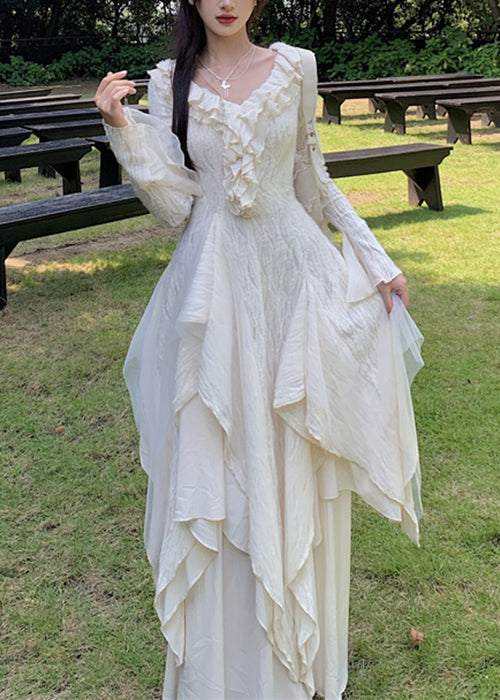 Bohemian Beige Asymmetrical Ruffled Tulle Patchwork Cotton Dresses Flare Sleeve