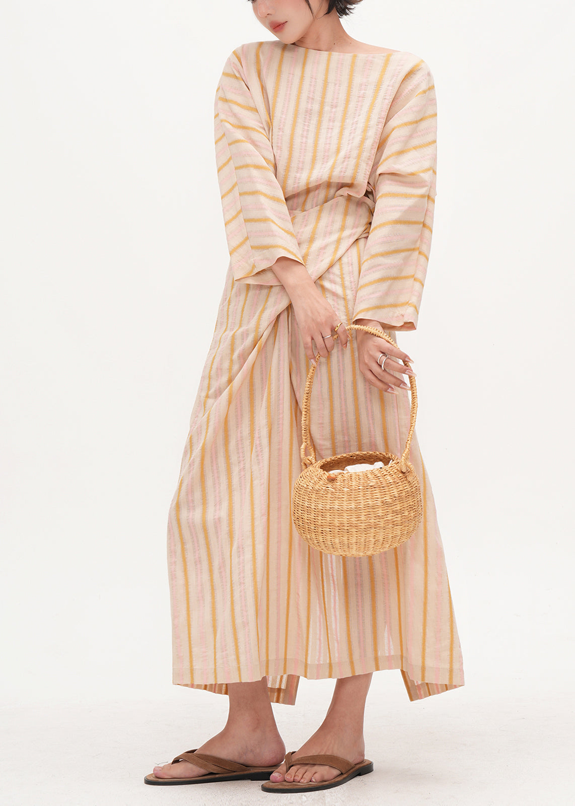 Bohemian Beige Asymmetrical Striped Cotton Tunic Dress Fall