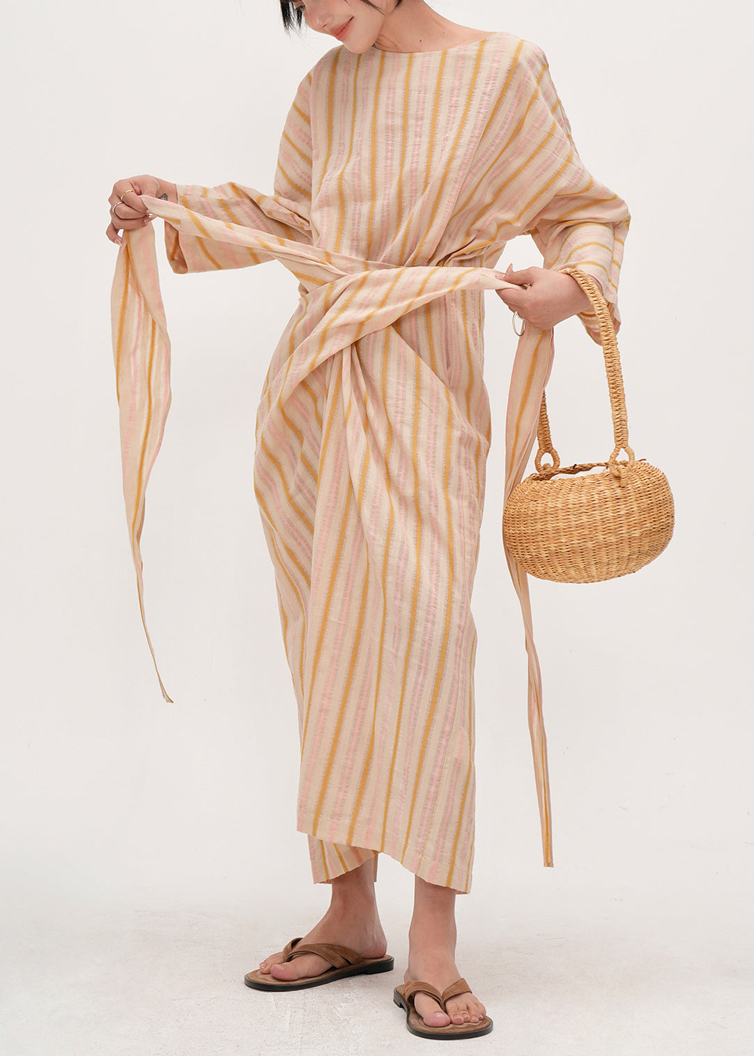 Bohemian Beige Asymmetrical Striped Cotton Tunic Dress Fall