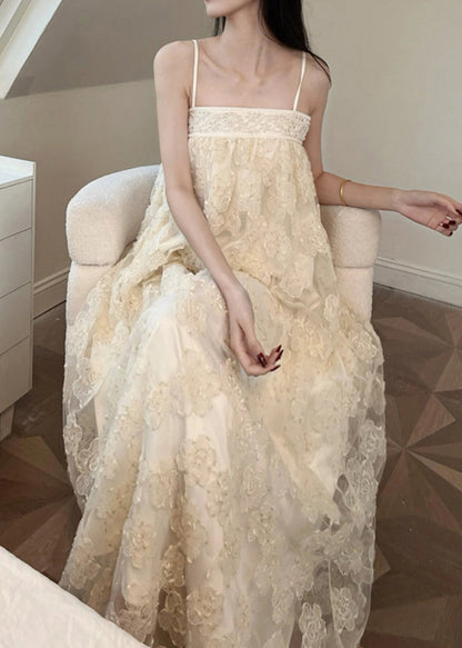 Bohemian Beige Embroidered Tulle Patchwork Long Dresses Sleeveless