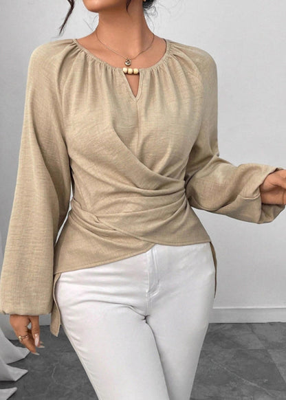 Bohemian Beige O-Neck Low High Design Cotton Shirts Fall