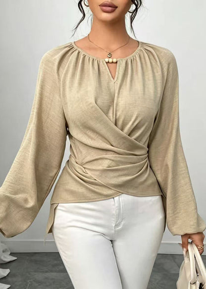 Bohemian Beige O-Neck Low High Design Cotton Shirts Fall