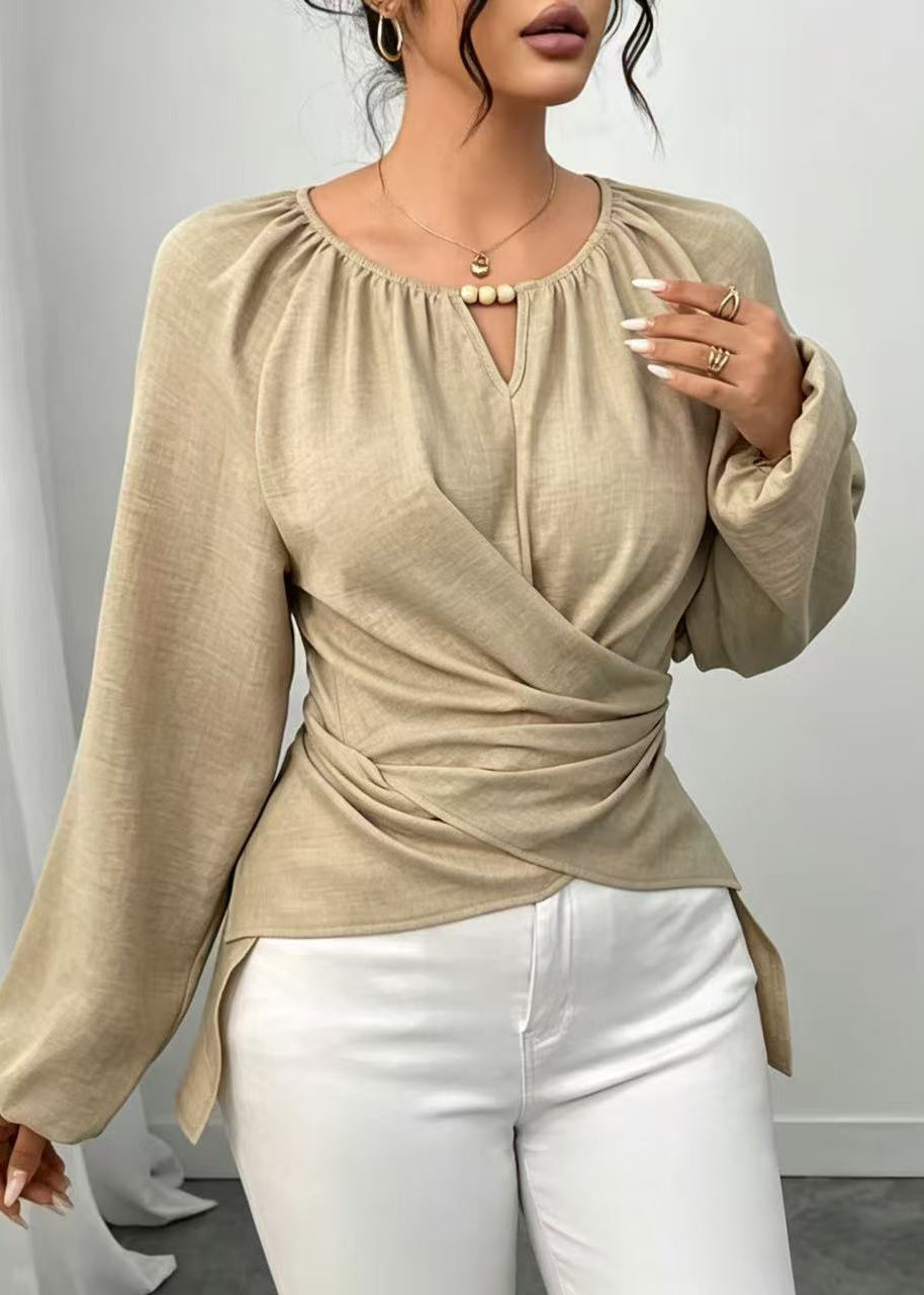 Bohemian Beige O-Neck Low High Design Cotton Shirts Fall