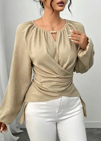 Bohemian Beige O-Neck Low High Design Cotton Shirts Fall