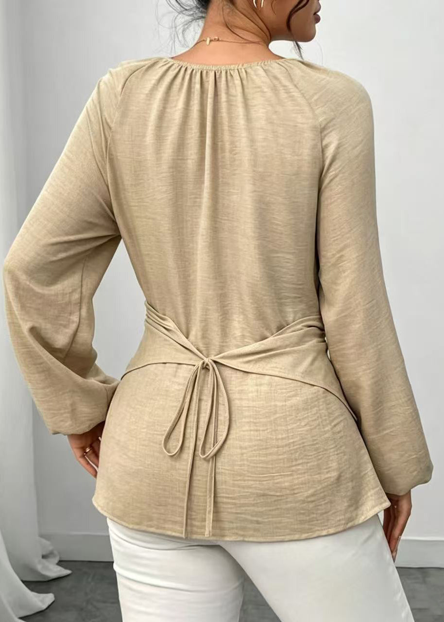 Bohemian Beige O-Neck Low High Design Cotton Shirts Fall