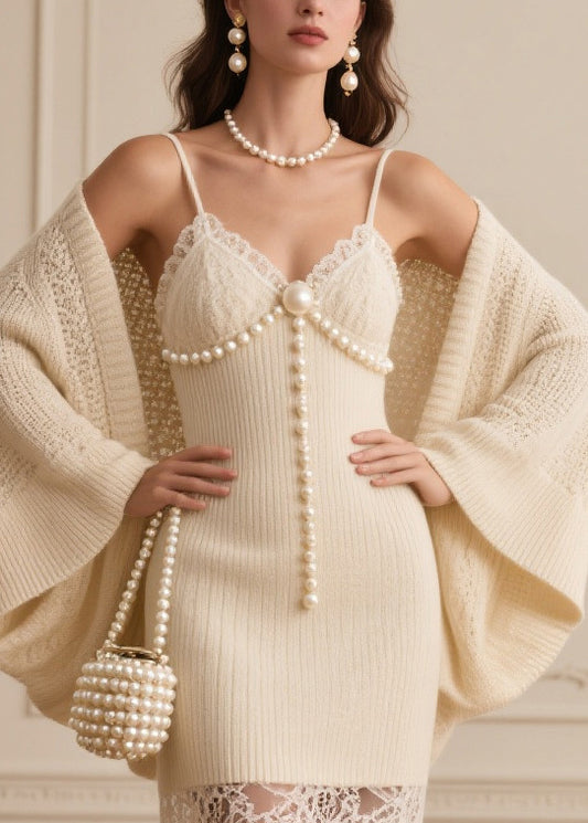 Bohemian Beige Patchwork Fine Pearl Knit Two Piece Set Women Clothing Spring