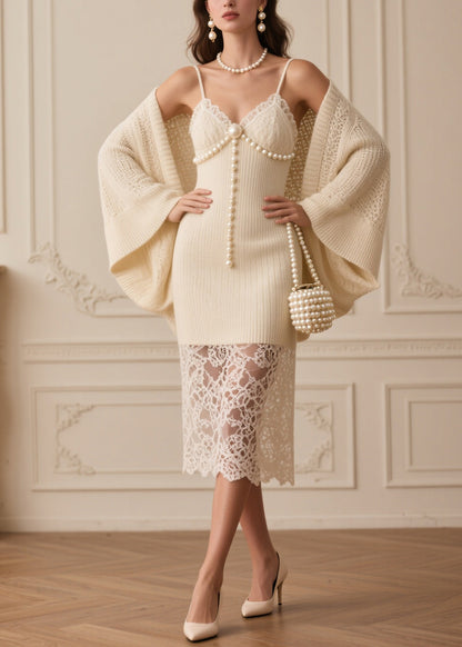 Bohemian Beige Patchwork Fine Pearl Knit Two Piece Set Women Clothing Spring