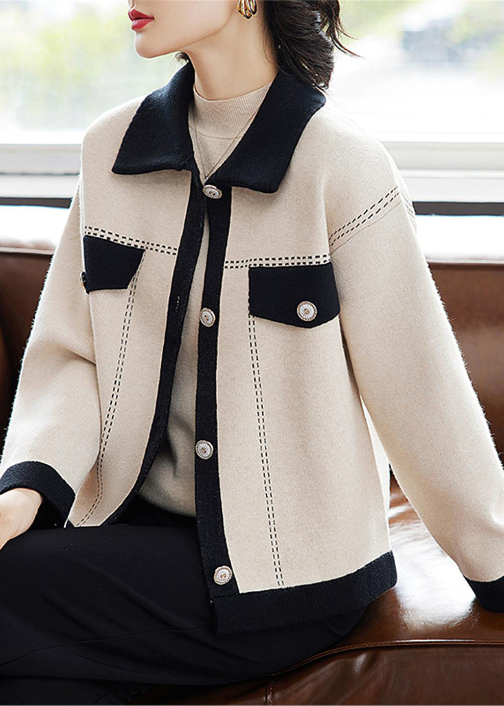 Bohemian Beige Peter Pan Collar Button Knit Cardigans Fall