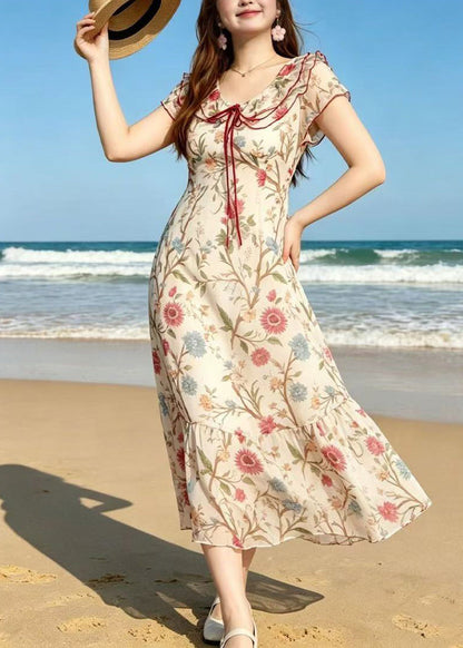 Bohemian Beige Peter Pan Collar Print Chiffon Holiday Dresses Summer
