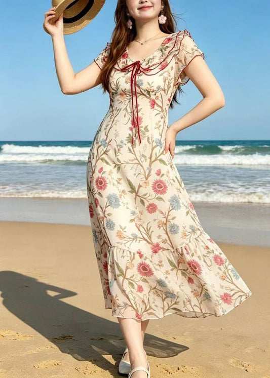 Bohemian Beige Peter Pan Collar Print Chiffon Holiday Dresses Summer