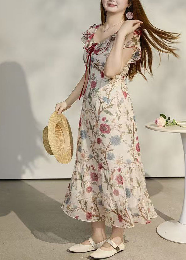 Bohemian Beige Peter Pan Collar Print Chiffon Holiday Dresses Summer